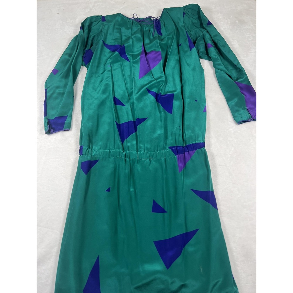 Vintage Flora Kung Advance Dress‎ Womens 4 Green Purple Silk Rayon Geometric